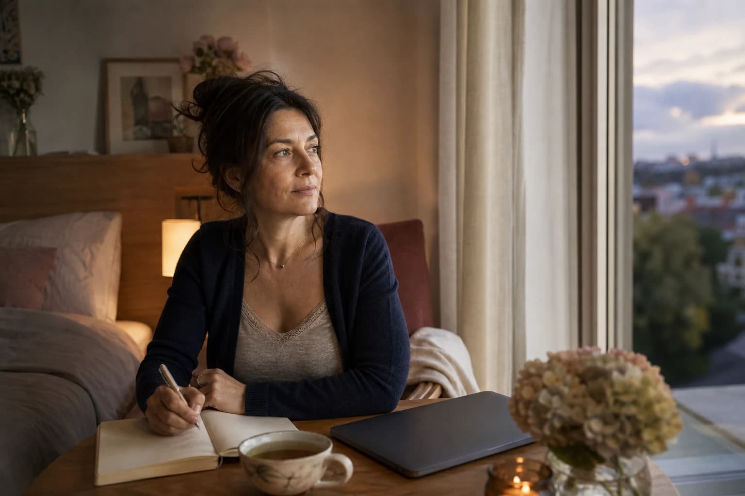 Donna che annota la propria routine di benessere a fine giornata