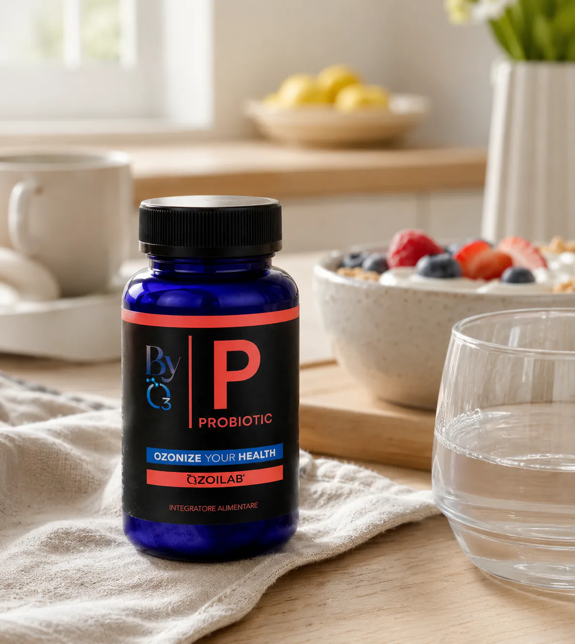 BYO3 Probiotic in una routine del mattino, con luce naturale